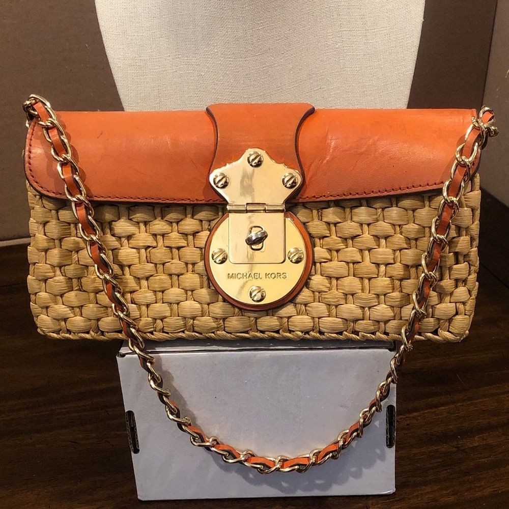 Vintage MICHAEL KORS Rattan Leather Clutch Gold Turn Lock Chain & Leather Strap